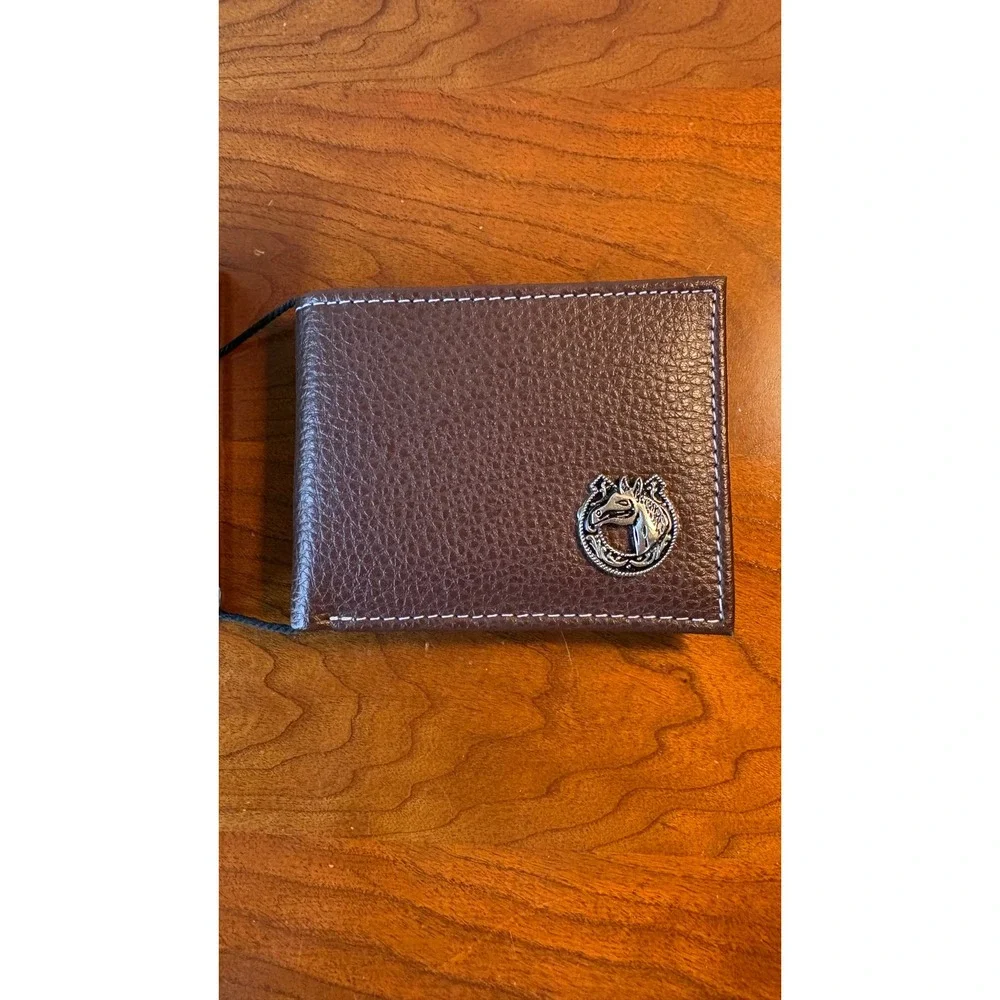 Neela Collection Mens Brown Pebbled Bifold Wallet Horse Emblem Western NIB